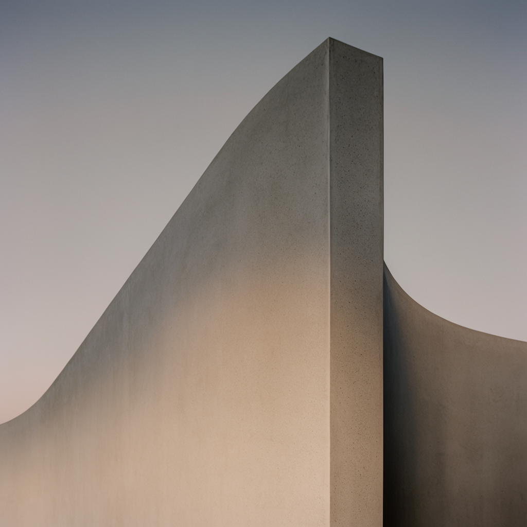 Curved pale concrete facade fin under a gradient of dusk light
