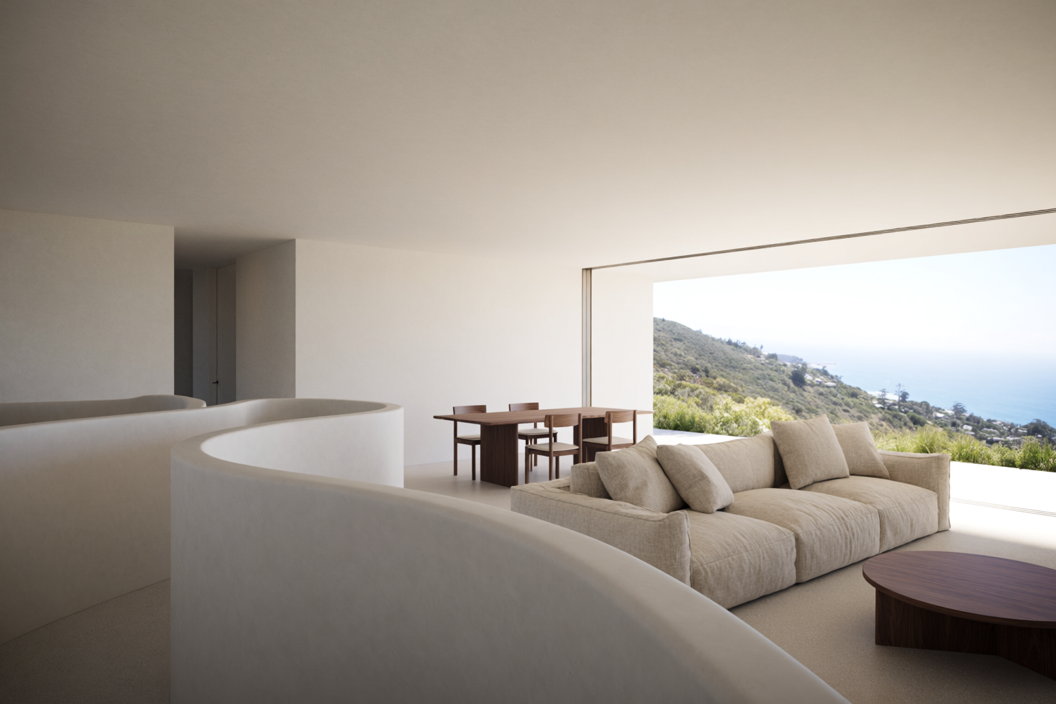 Photoreal interior render of the open-plan living room with floor-to-ceiling glass to ocean view