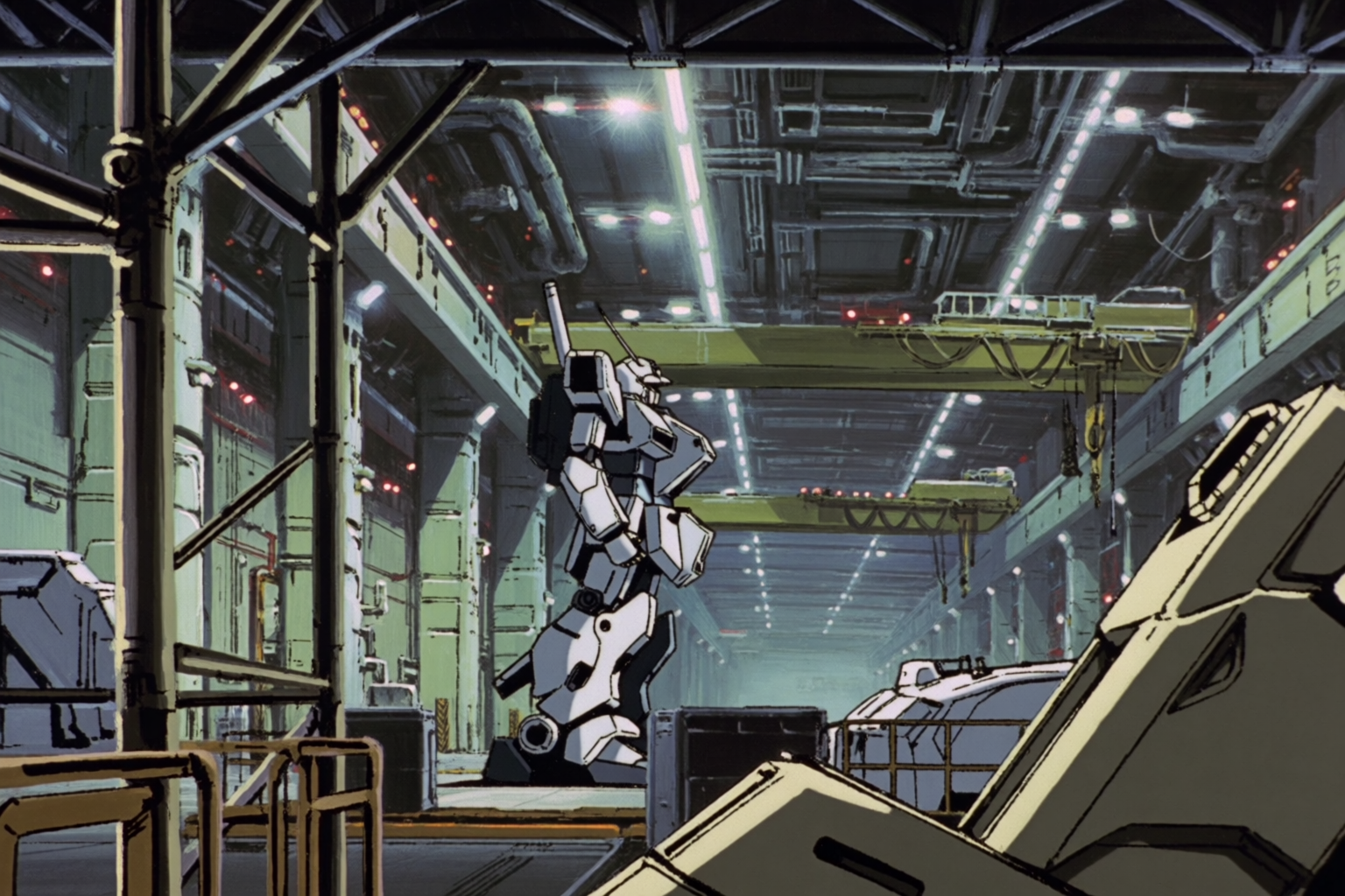 Vast mecha hangar interior with a single humanoid mech, 1990s Sunrise aesthetic