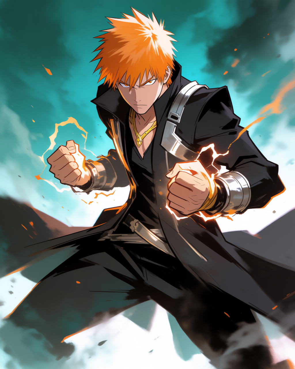 Modern shounen-style character art, hero with spiky orange hair, energy crackling