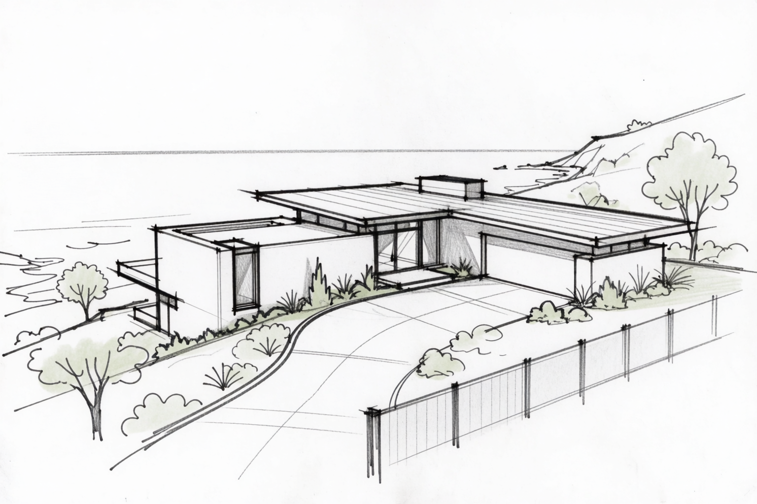 Loose architectural concept sketch of a contemporary low-slung hillside house overlooking the ocean