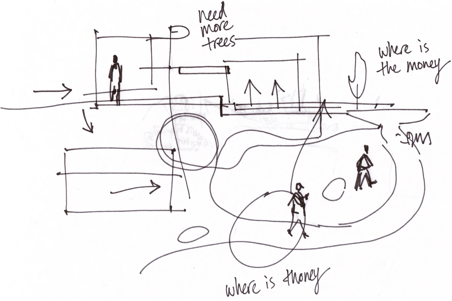 Loose architectural concept sketch with diagrammatic site plan and elevation