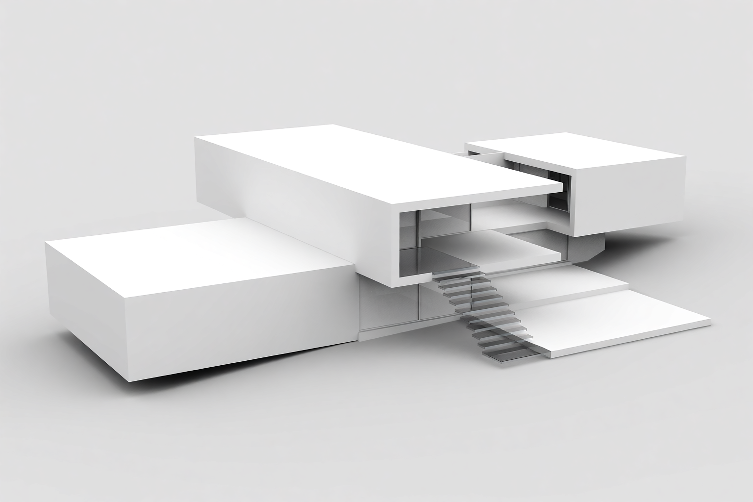 Conceptual massing study of three abstract white cantilevered volumes stepping down a slope