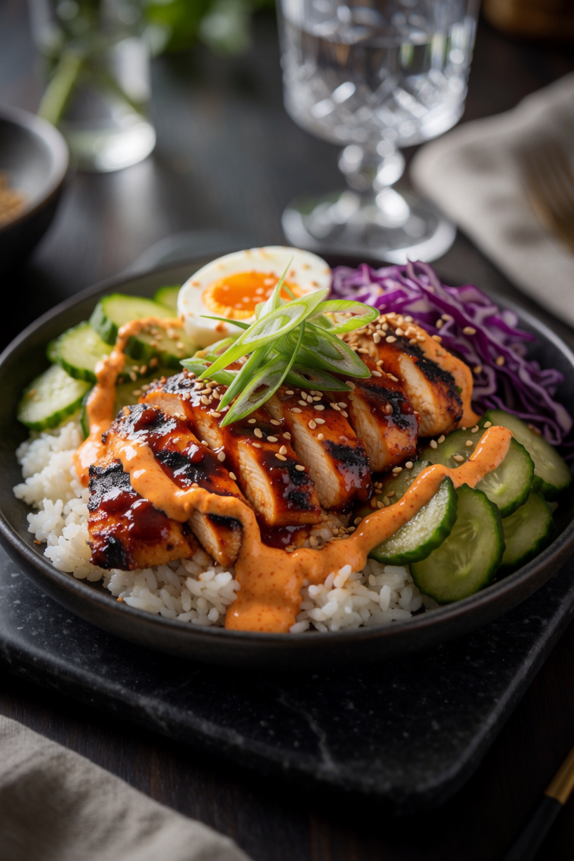 Korean BBQ Chicken Bowls with Gochujang Cream Sauce
