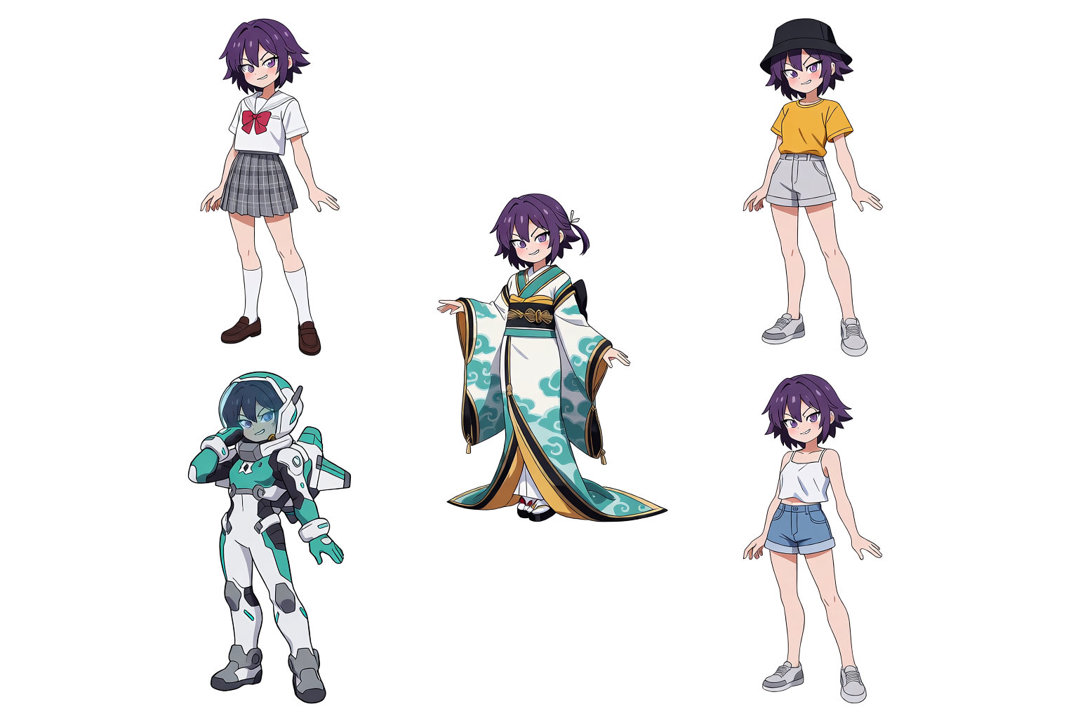 Anime costume variation sheet, same character in five different outfits standing in a row