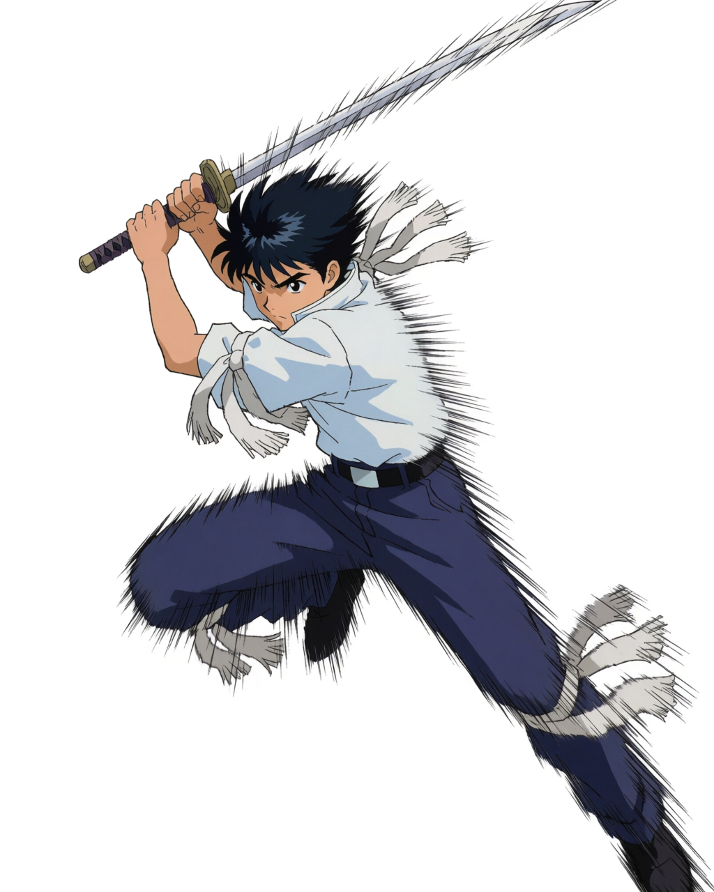 Finished anime manga panel of a swordsman mid-leap, dynamic motion lines, cool blue palette