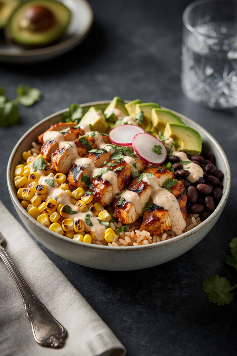 Flavor-Packed Chipotle Chicken Bowl Loaded with Black Beans Corn and Creamy Sauce