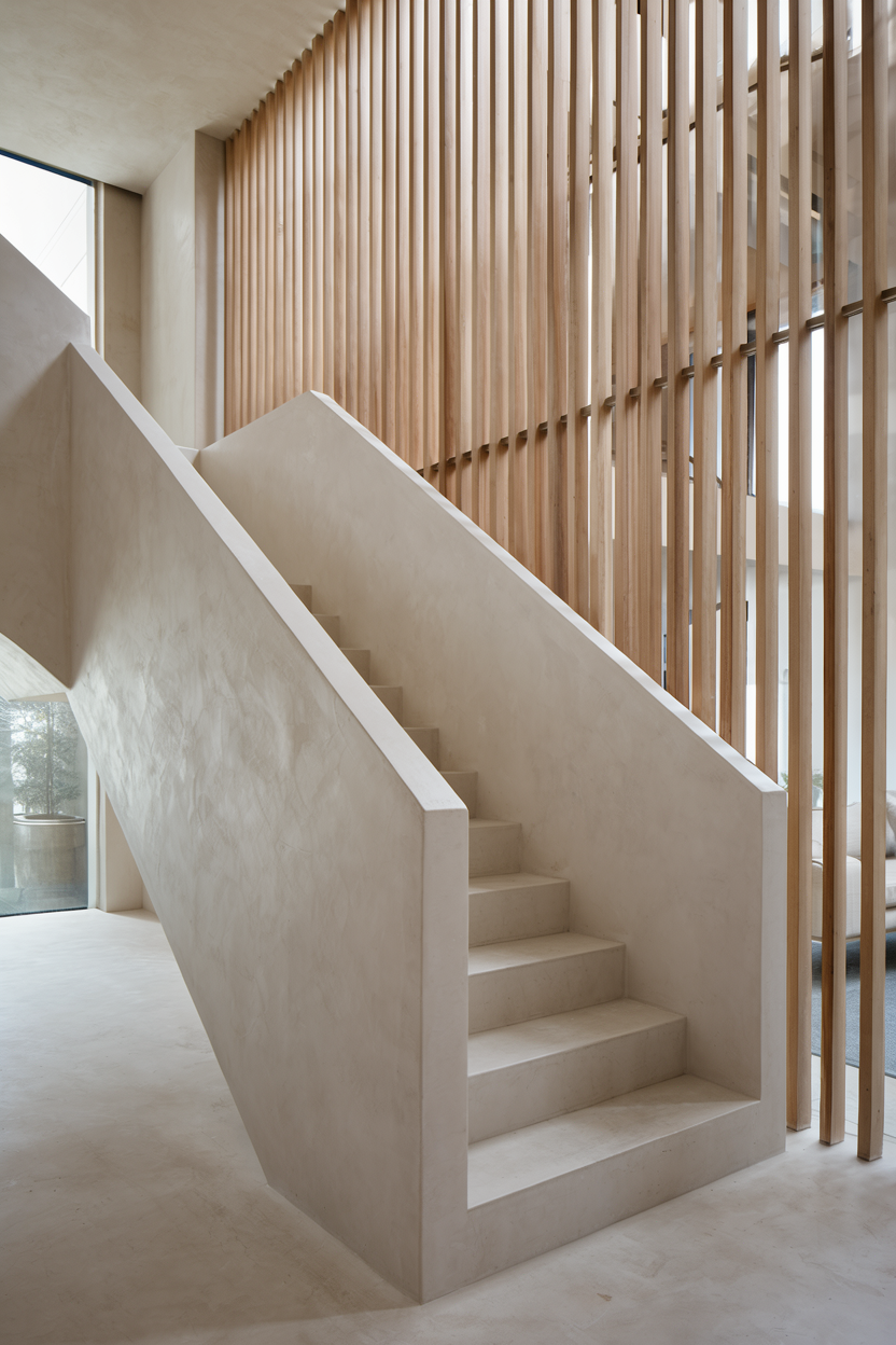 Pale plaster stair volume in a quiet atrium under banded light