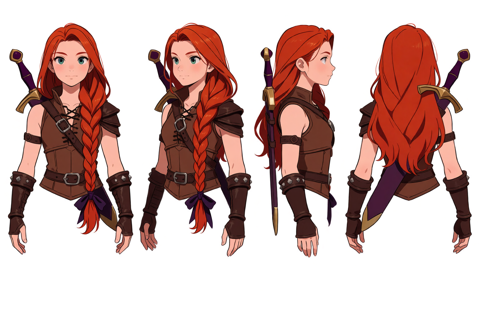 Anime character turnaround, female adventurer with red braided hair shown front, three-quarter, side, back
