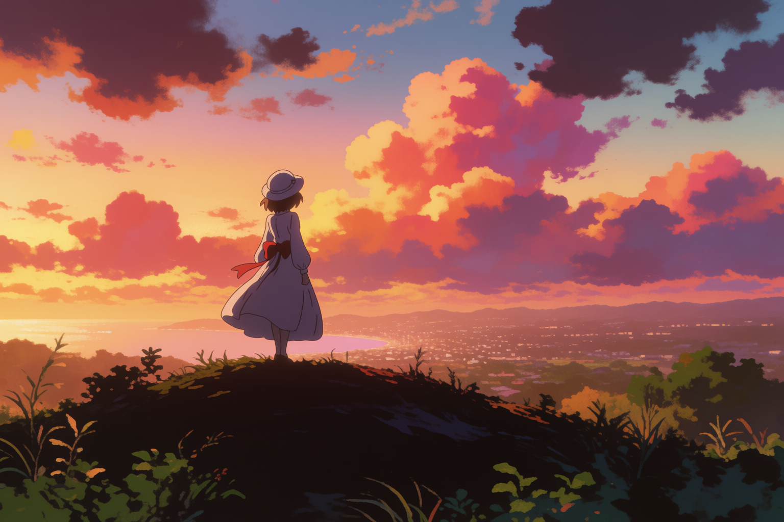 A figure silhouetted on a hilltop at sunset, Shinkai-style hyper-saturated sky over a coastal town