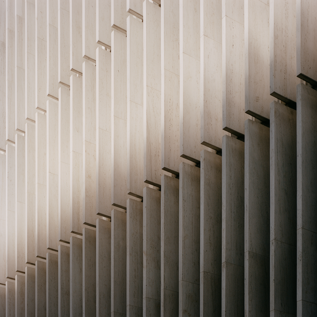 Repeating pale stone louvre blades receding into shadow