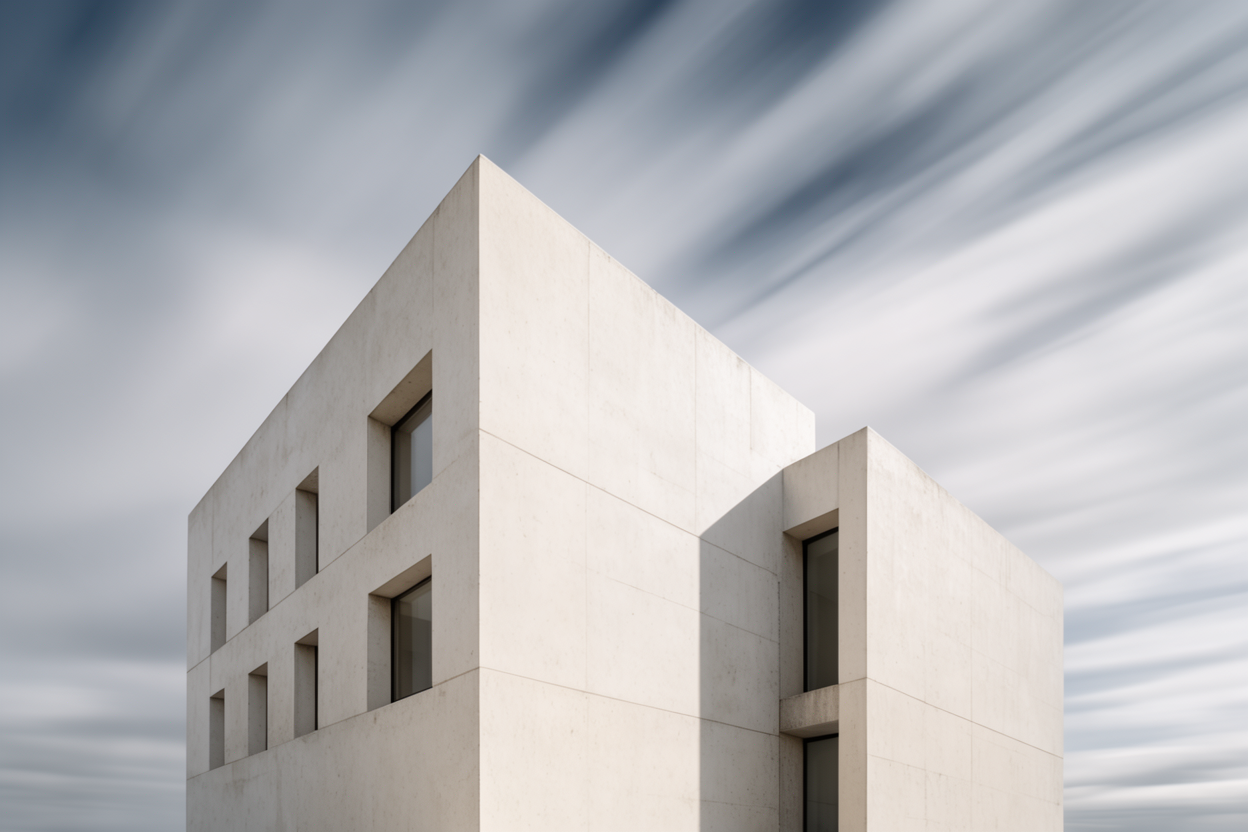 Cloud movement smeared above a pale modernist facade