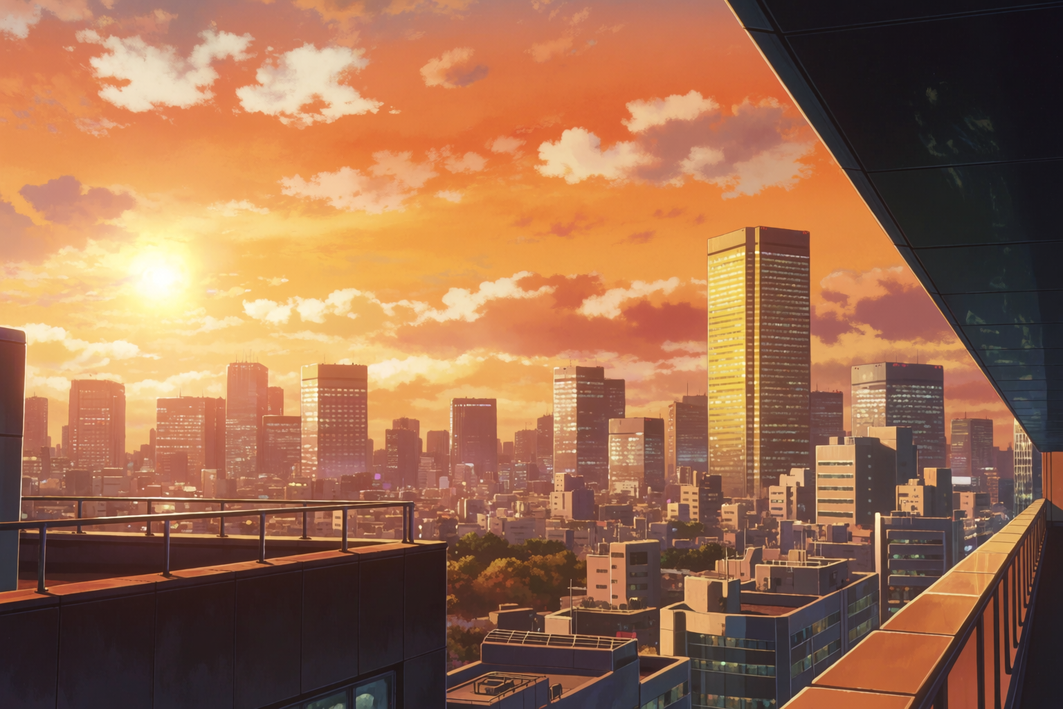 Tokyo skyline at golden hour from a rooftop, Shinkai-style saturated sky