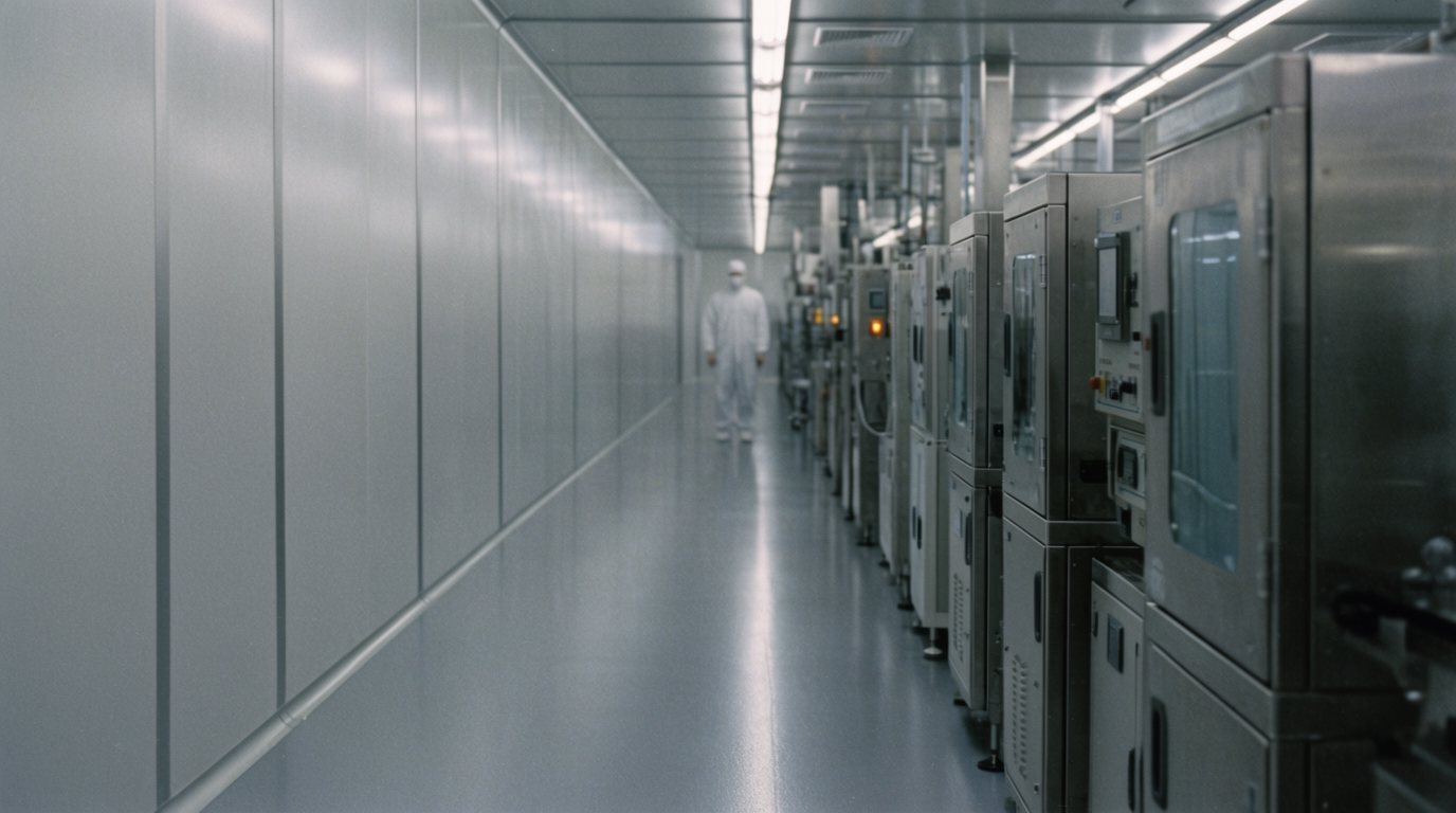Clean room corridor with equipment bays receding