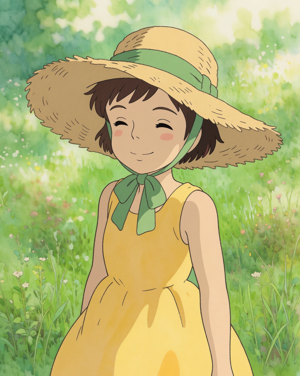 Studio Ghibli-style character art, girl in yellow dress in a green meadow