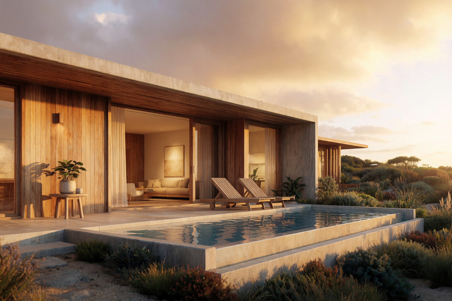 Photoreal modern coastal villa at golden hour
