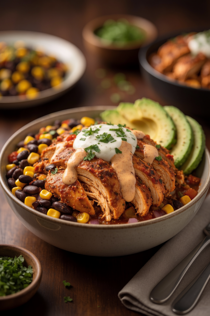 Flavor-Packed Chipotle Chicken Bowl Loaded with Black Beans Corn and Creamy Sauce