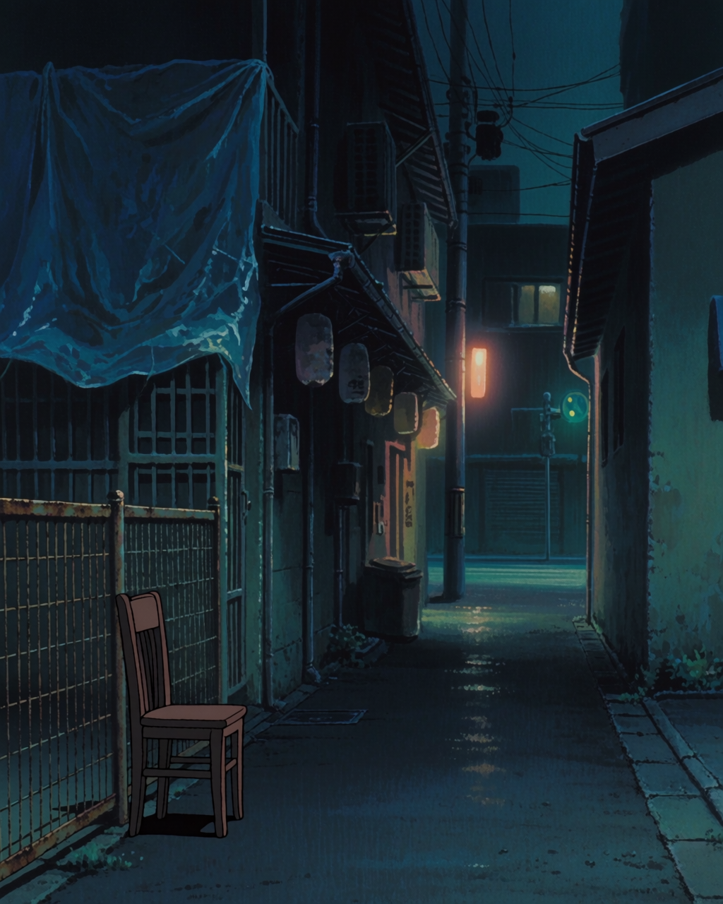Dim Tokyo alley at night, blue-green palette, Madhouse-style anime noir