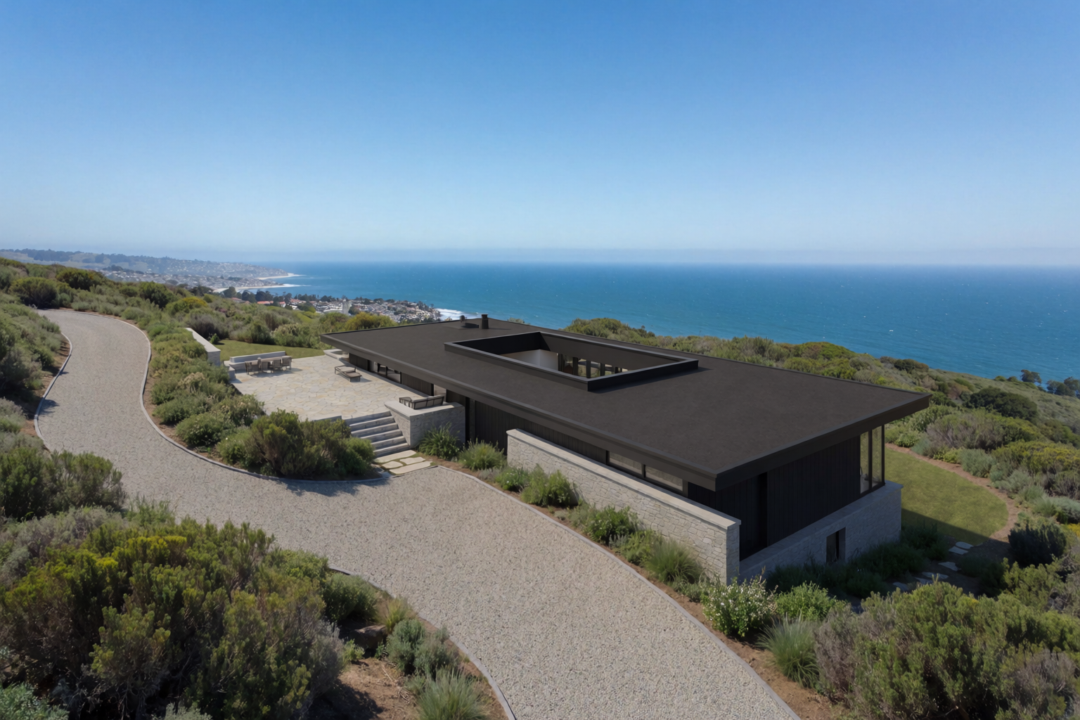 Photoreal aerial render of the hillside coastal house from above showing site context