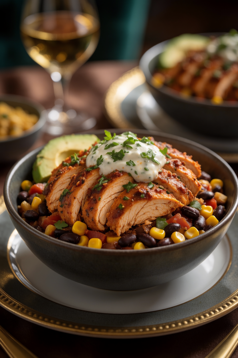 Flavor-Packed Chipotle Chicken Bowl Loaded with Black Beans Corn and Creamy Sauce