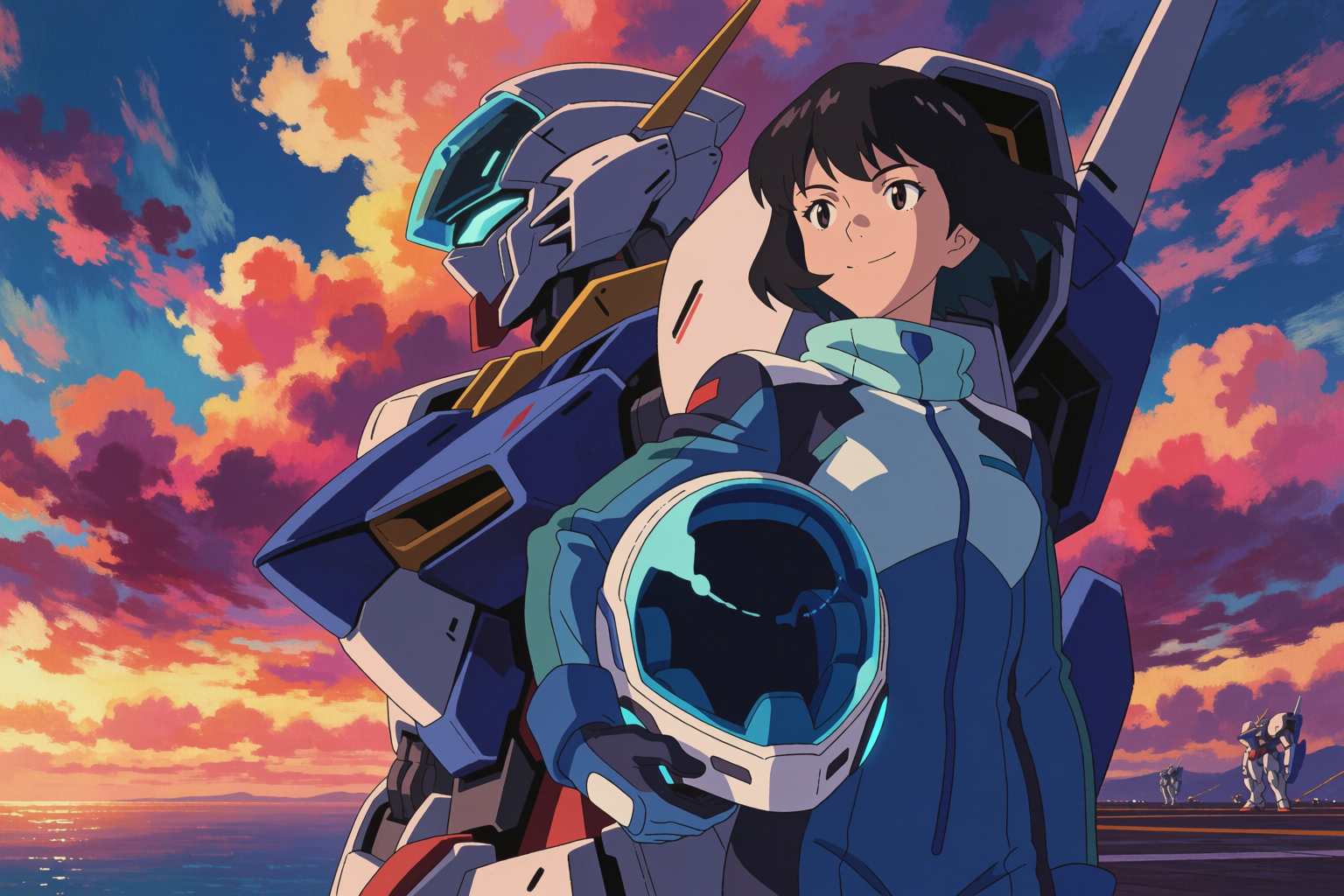 Anime key visual of a young woman in a futuristic pilot suit on a hangar deck at sunset