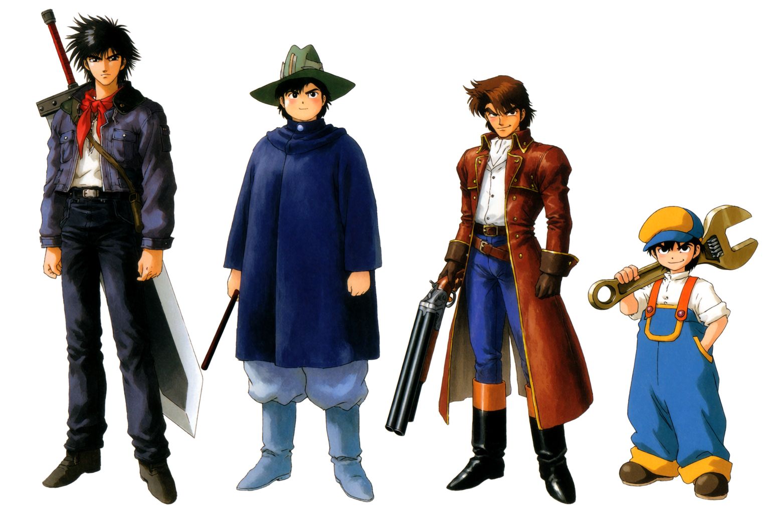 Full-color lineup of four original anime characters standing side by side, varied silhouettes