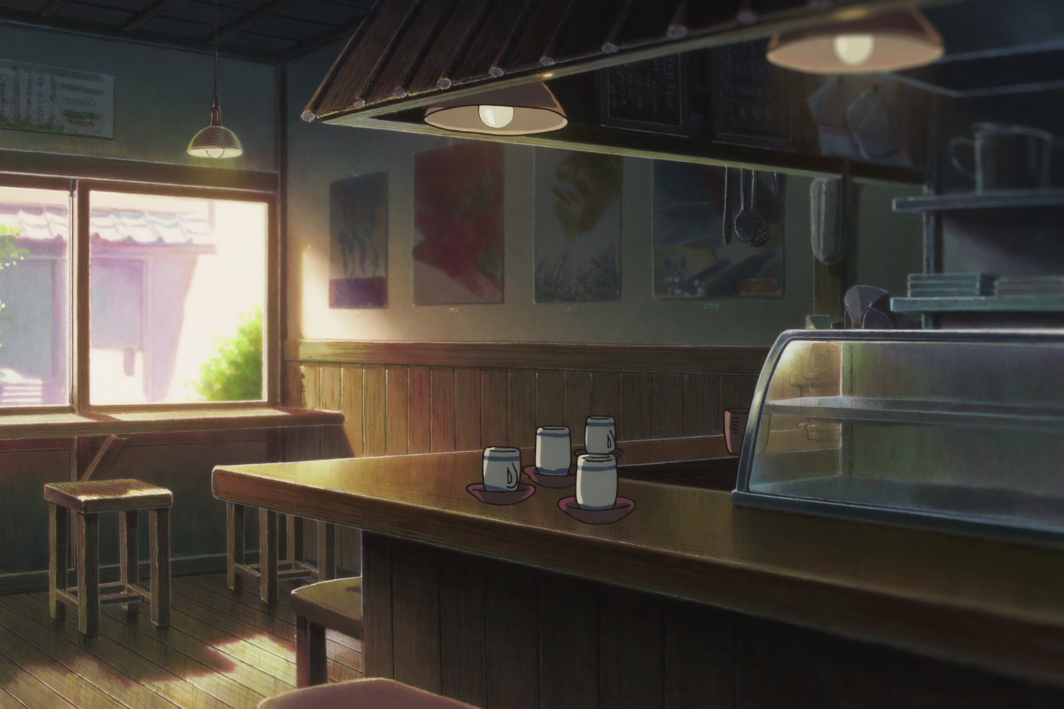 Interior of a cozy small Japanese cafe in afternoon light, Kyoto Animation aesthetic