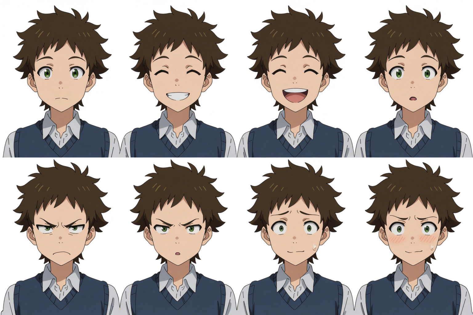 Anime expression sheet, young male character in eight different expressions arranged in a grid