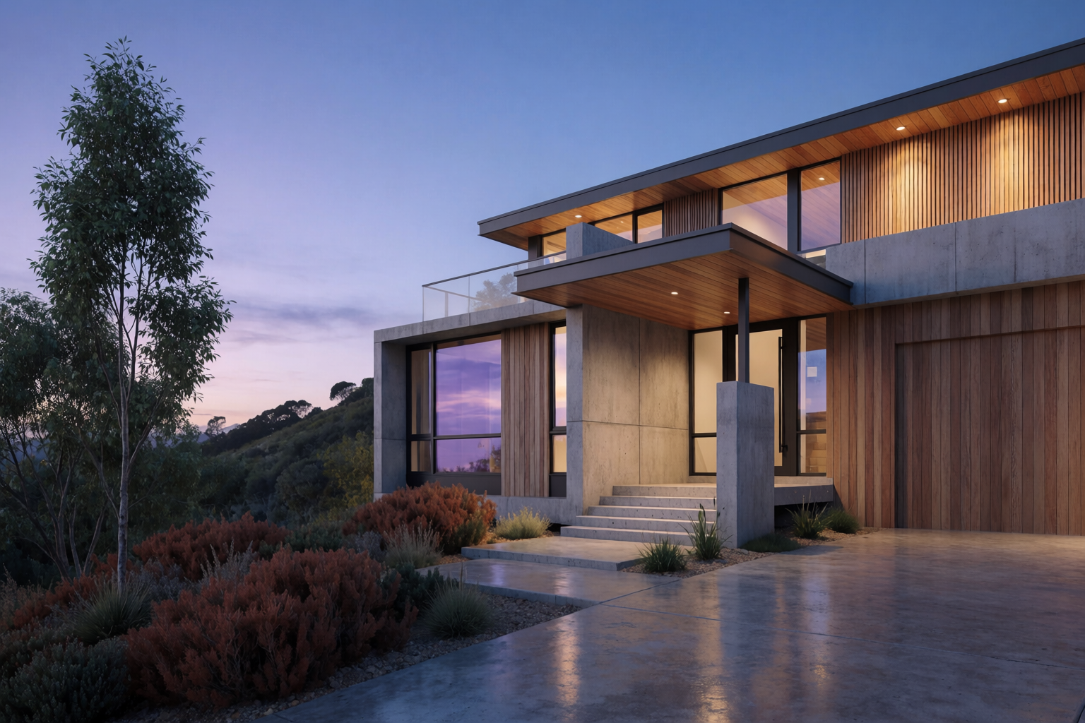 Photoreal hillside house at blue hour with warm interior glow