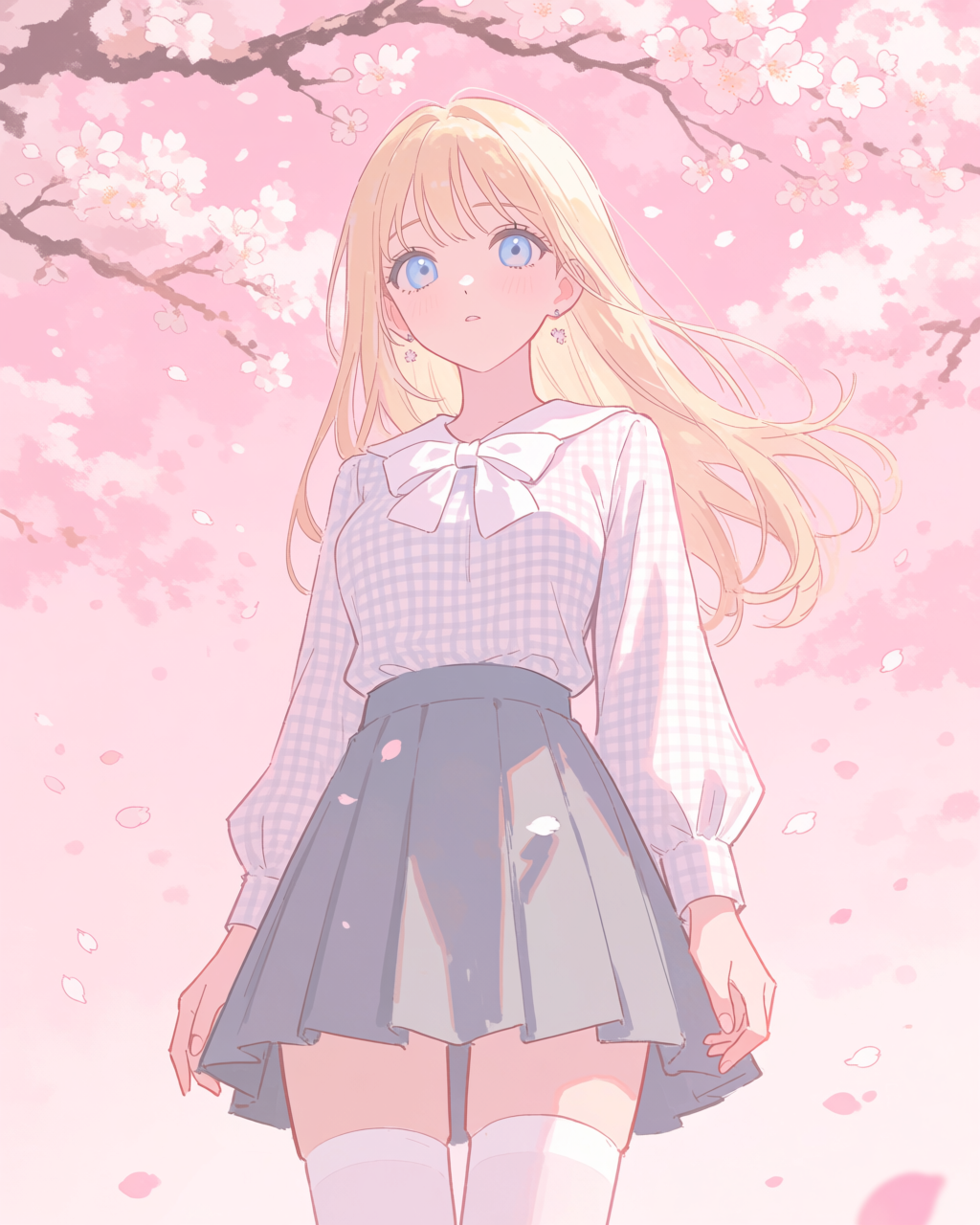 Modern shoujo-style character art, blonde girl under cherry blossom petals