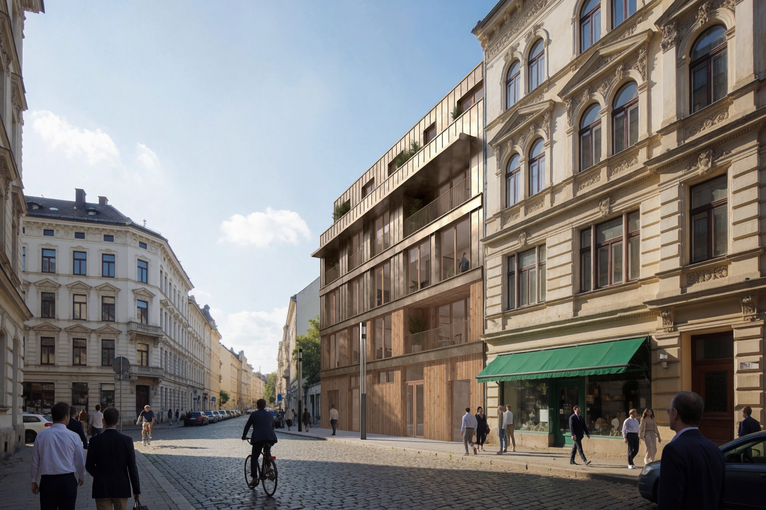 Photoreal contemporary infill building inserted between two historic European facades