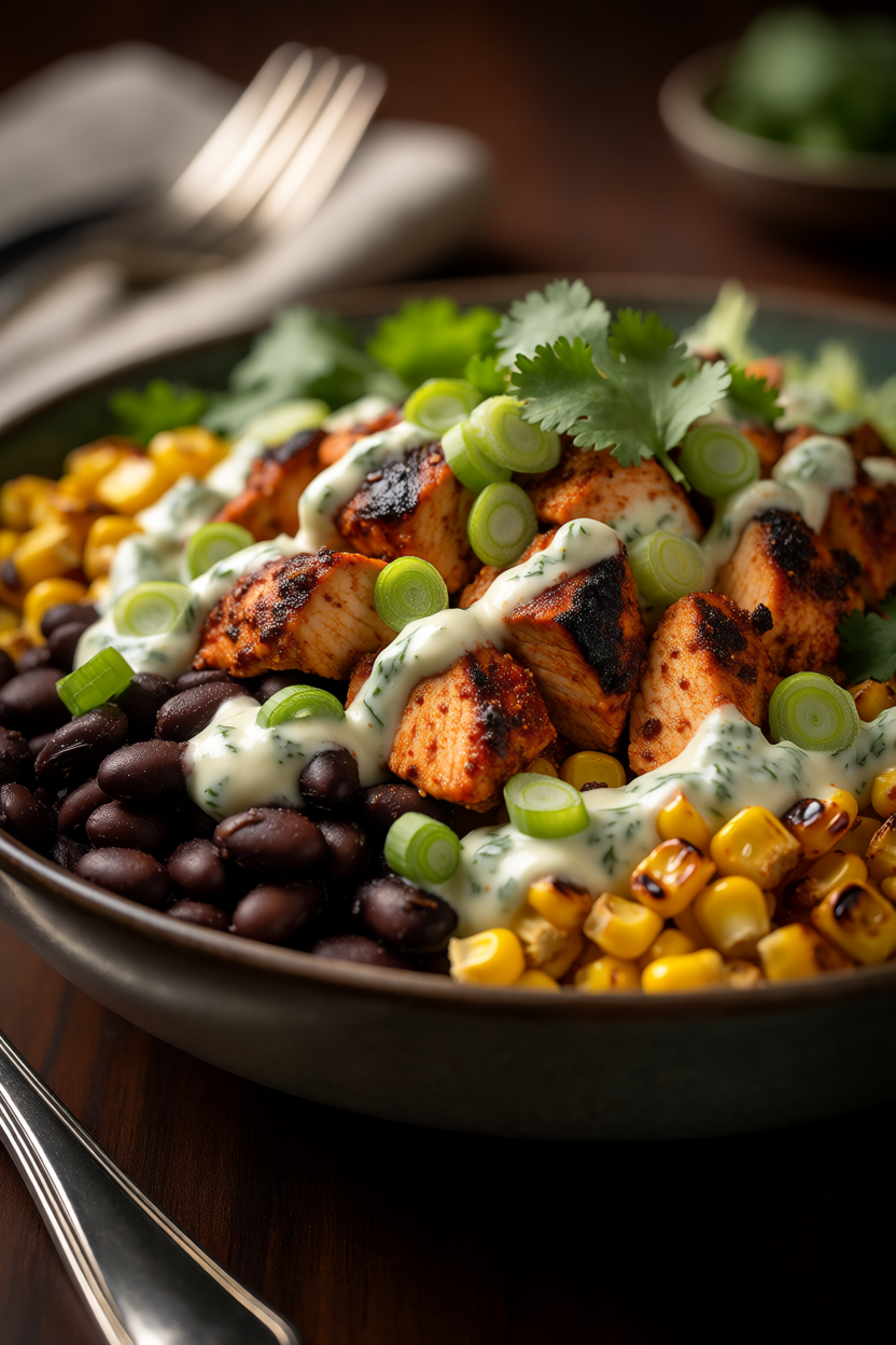 Flavor-Packed Chipotle Chicken Bowl Loaded with Black Beans Corn and Creamy Sauce