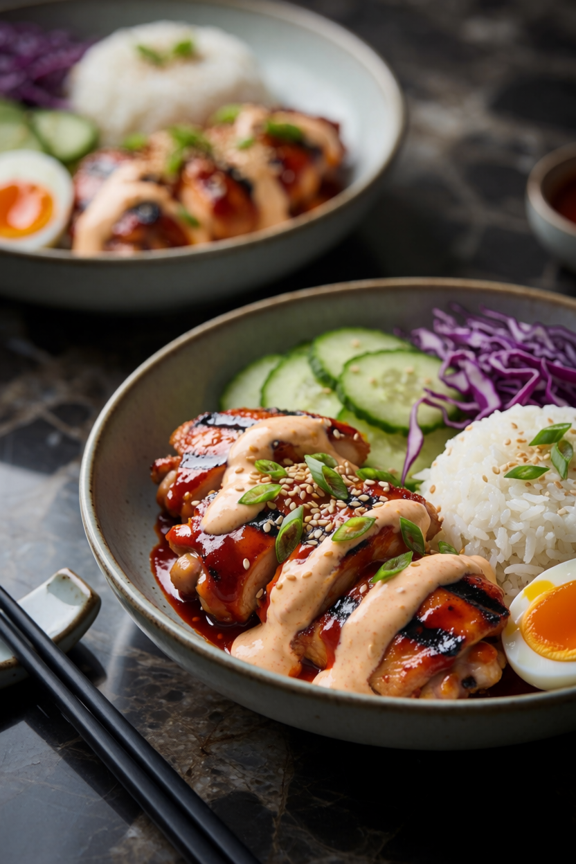 Korean BBQ Chicken Bowls with Gochujang Cream Sauce