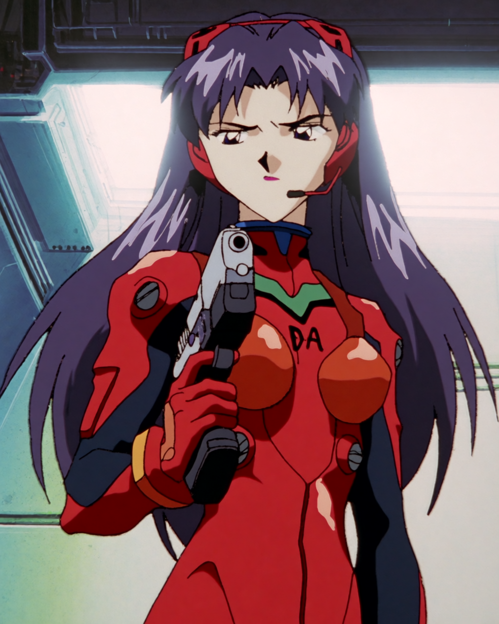 1990s OVA-style character art, woman with purple hair and futuristic pistol
