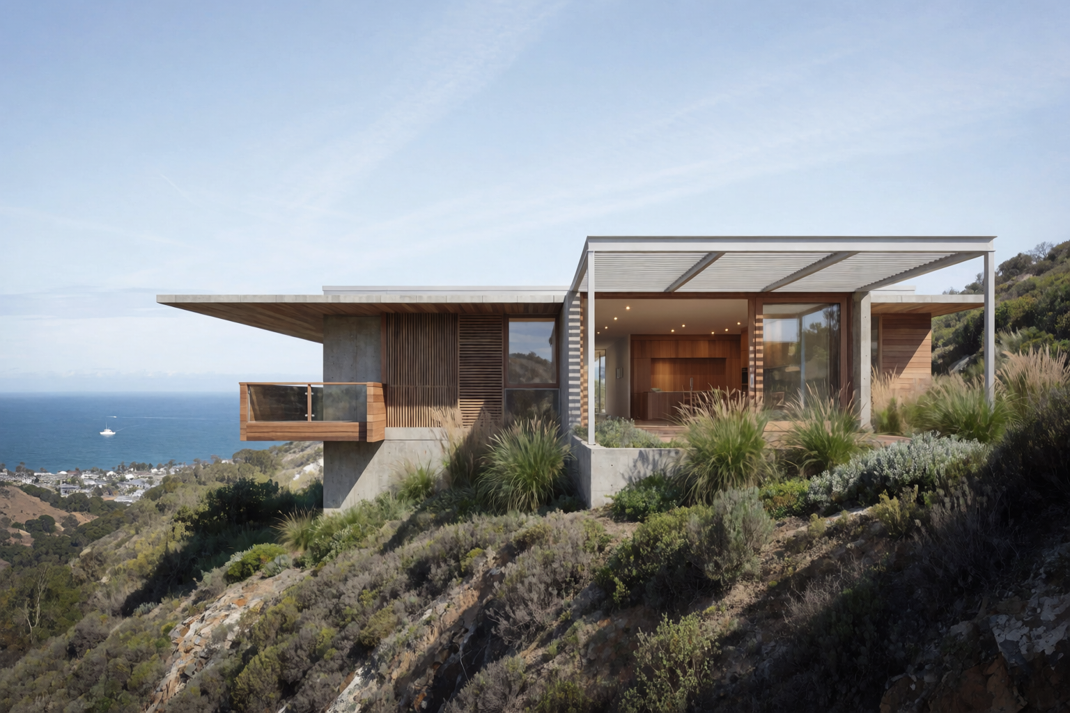 Photoreal contemporary hillside coastal house in site context on a Pacific coast slope