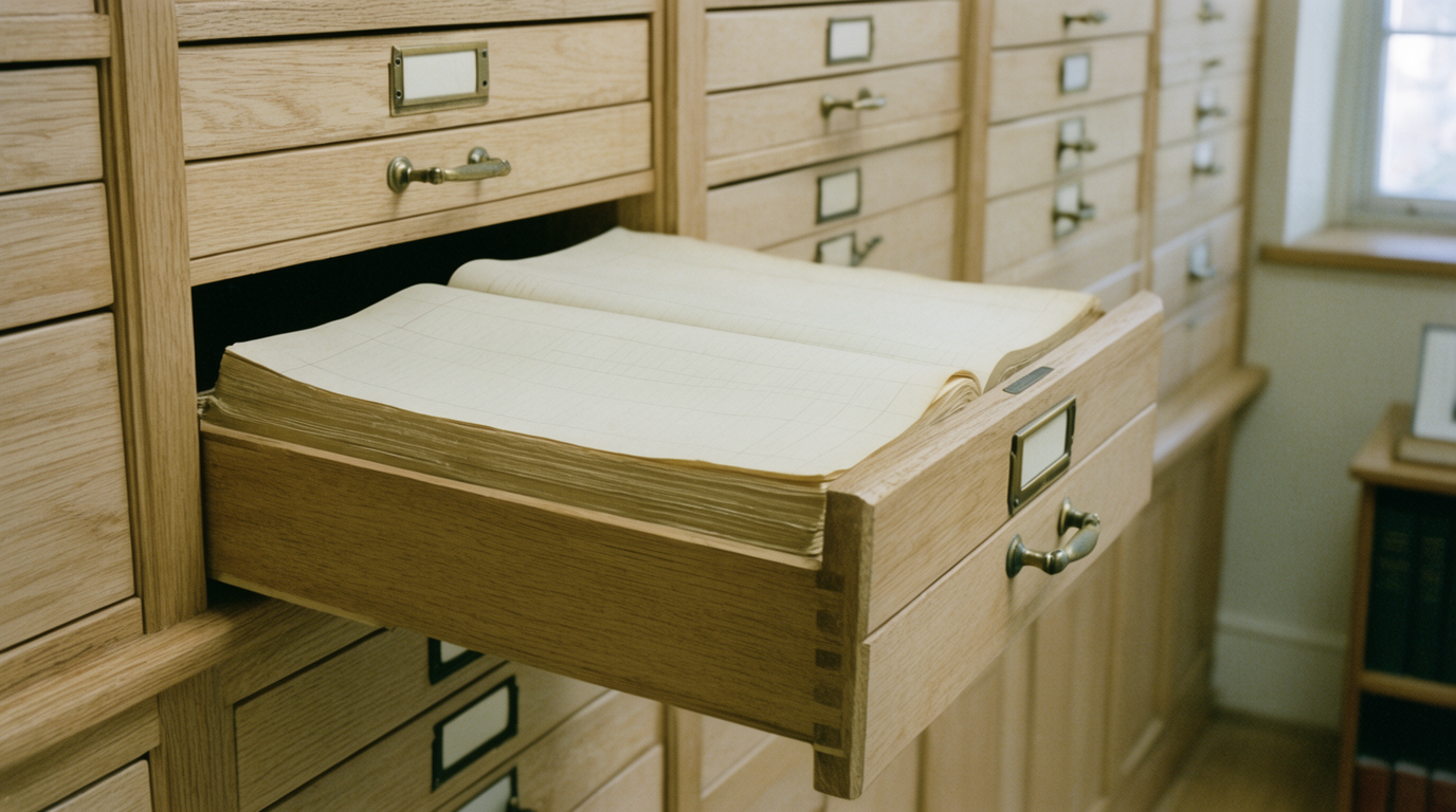 Private archive room with pale oak drawers and a single pendant light