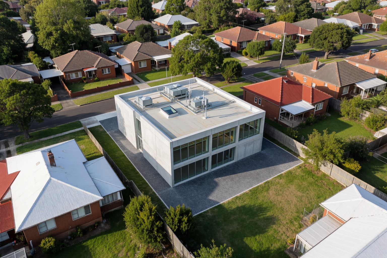 Aerial render of a new community center inserted into a suburban neighbourhood block