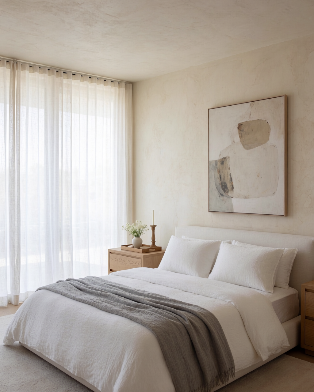 Camera matrimoniale moderna e calma con letto basso su piattaforma e pareti in intonaco caldo