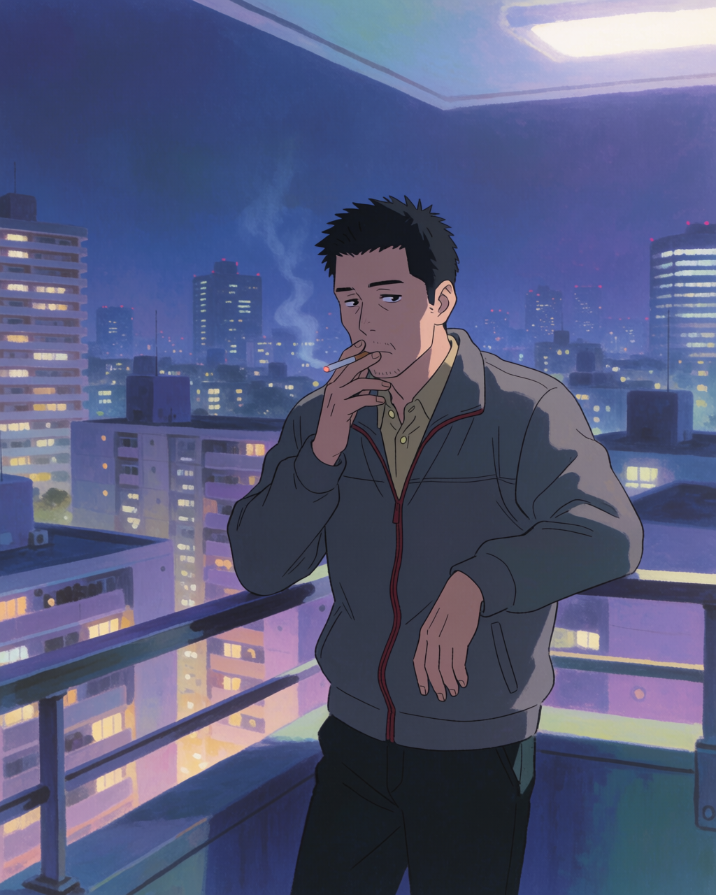 Modern seinen-style character art, man on a Tokyo balcony at night