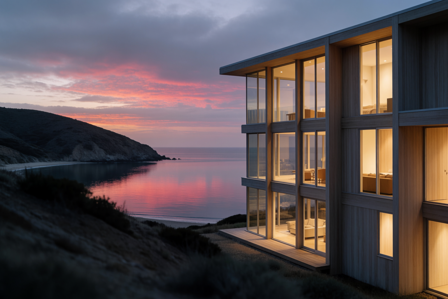 Photoreal hillside coastal house at blue hour with warm interior lights through every window