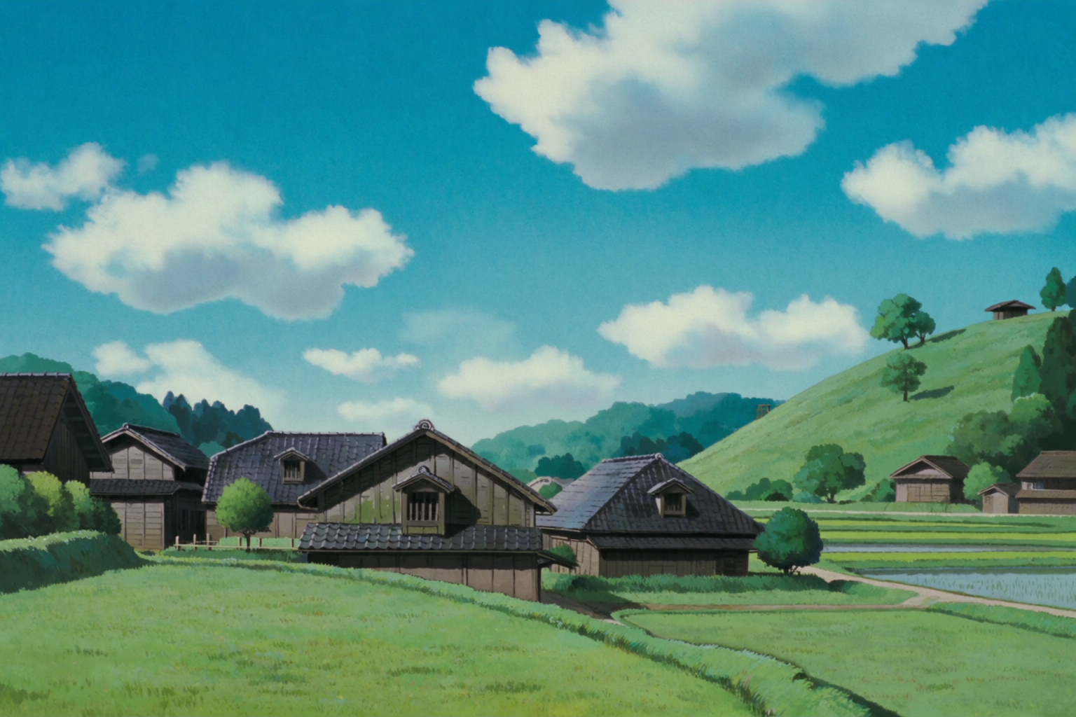 A small rural Japanese village nestled between forested hills, Ghibli watercolor style