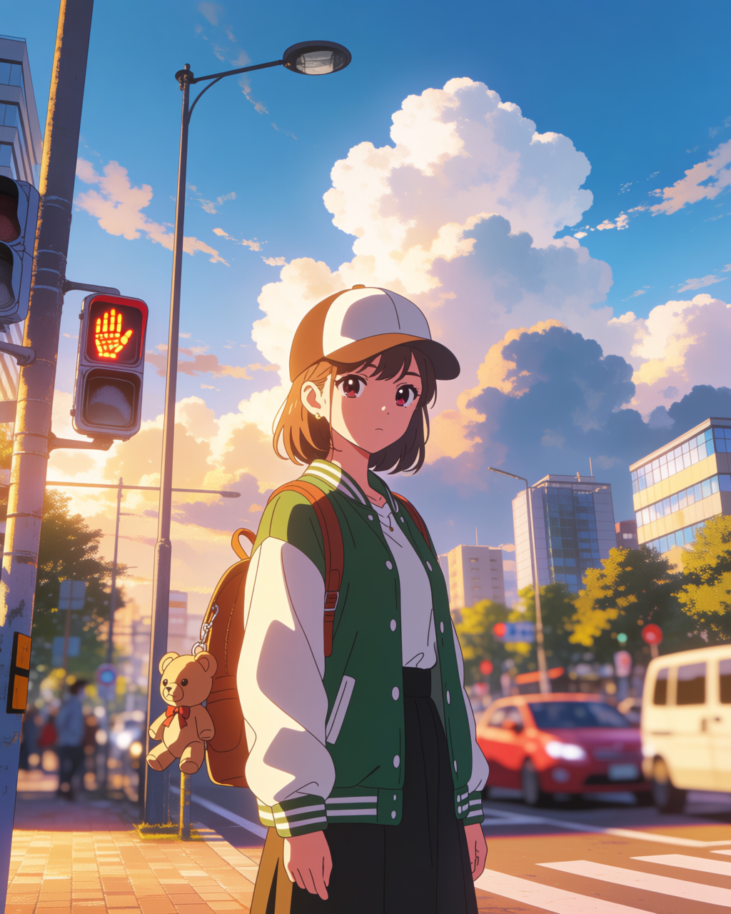Makoto Shinkai-style key visual, teen girl in Tokyo at golden hour