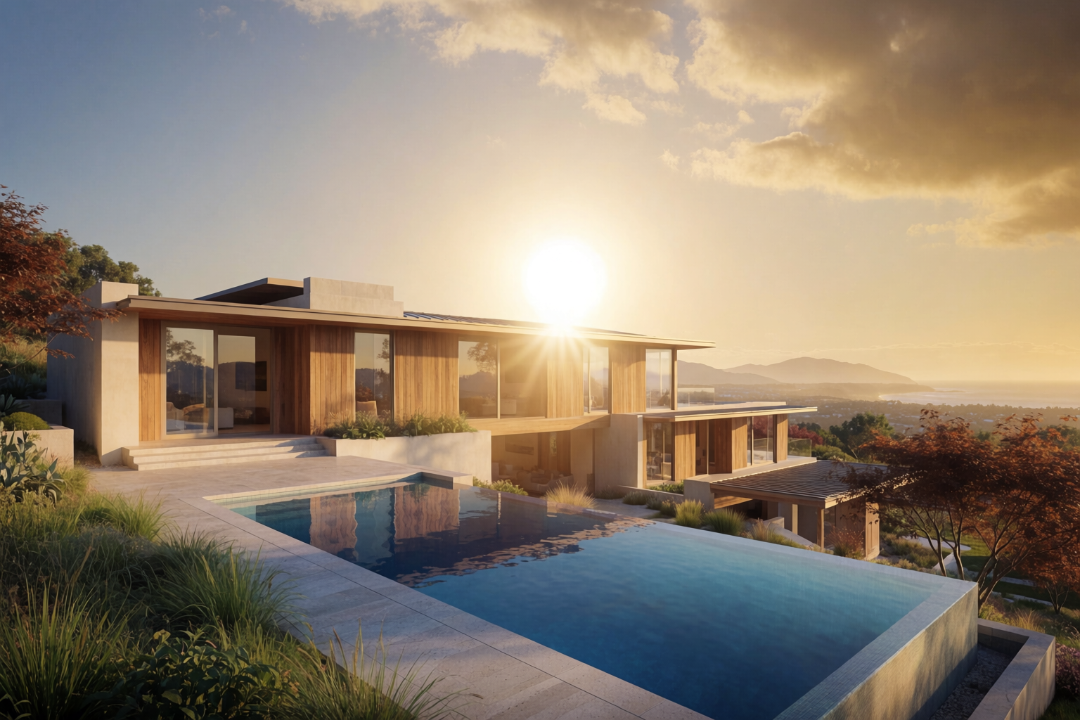 Photoreal hillside coastal house at golden hour, infinity pool reflecting sunset