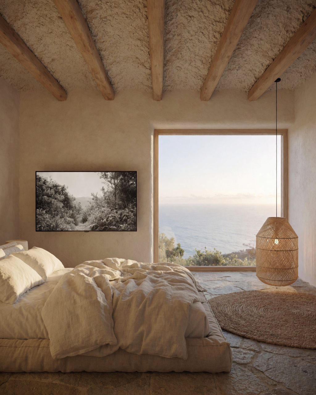 Photoreal interior render of the master bedroom with ocean view and low platform bed